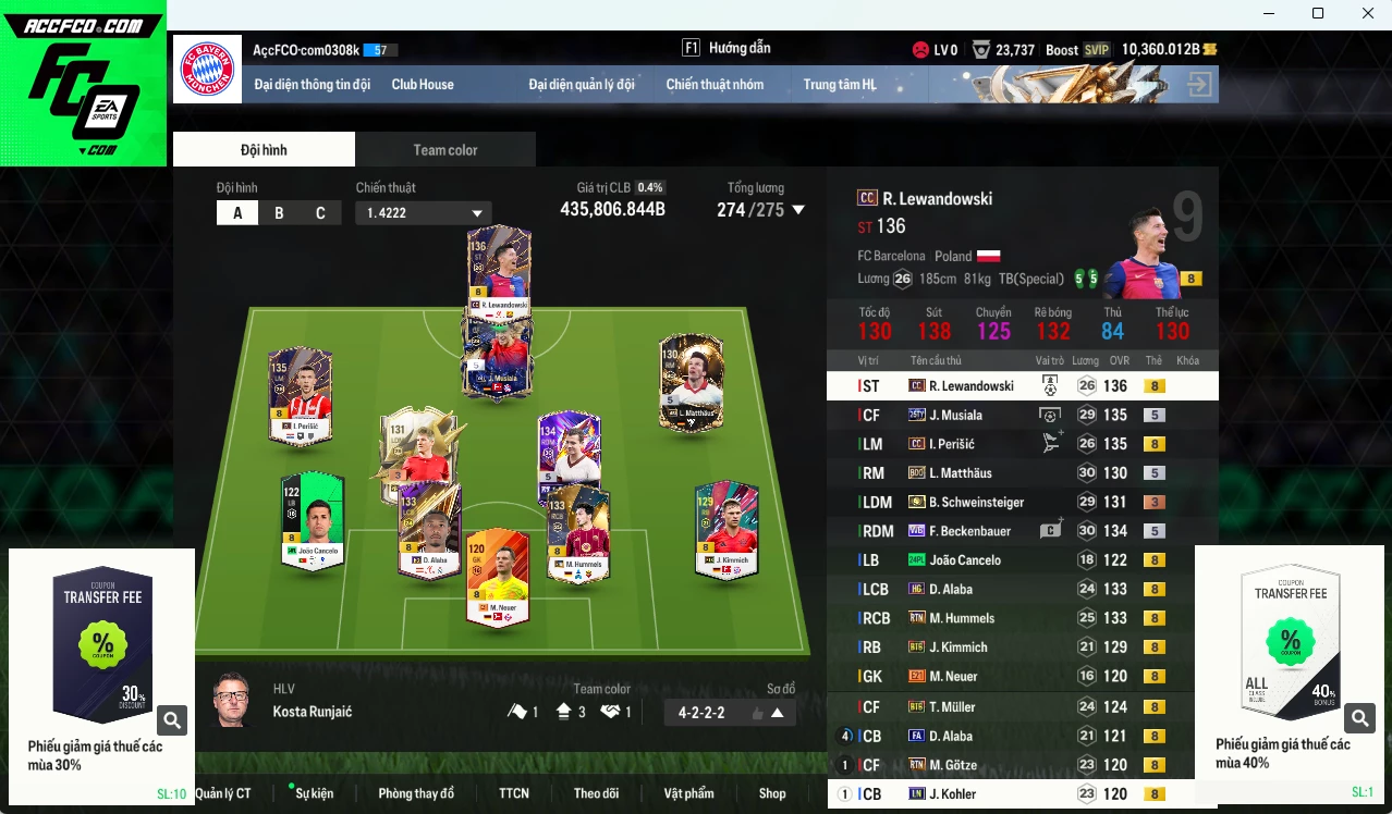 [ACC Rẻ🔥] Bayern Munich 435.800b dư 10.300b có Perisic CC, Musiala 25TY, Beckenbauer WB, Lewandowski CC, Matthaus BDO, Schweinsteiger ITM+3, Alaba HG, Hummels RTN...